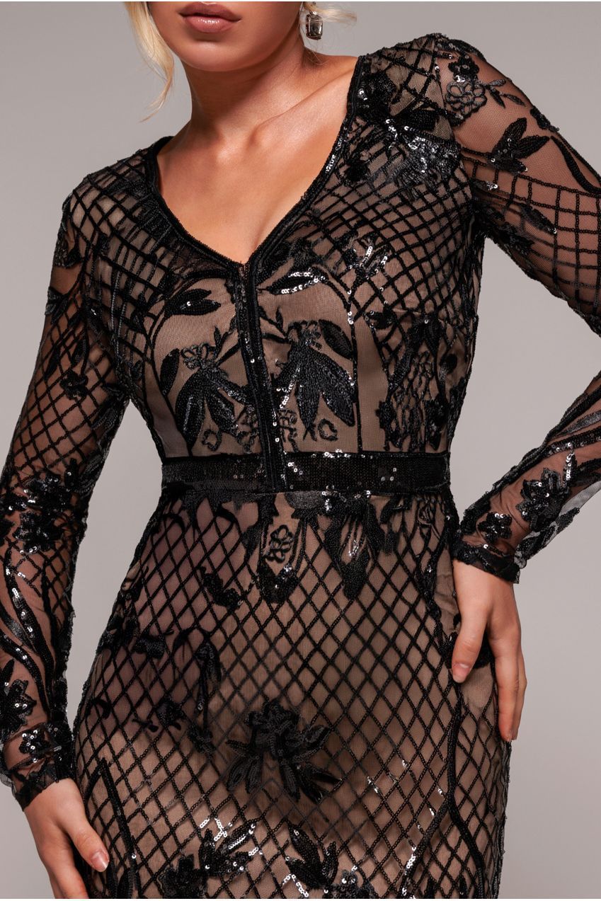 Goddiva Full Sleeve Sequin Evening Dress - Black