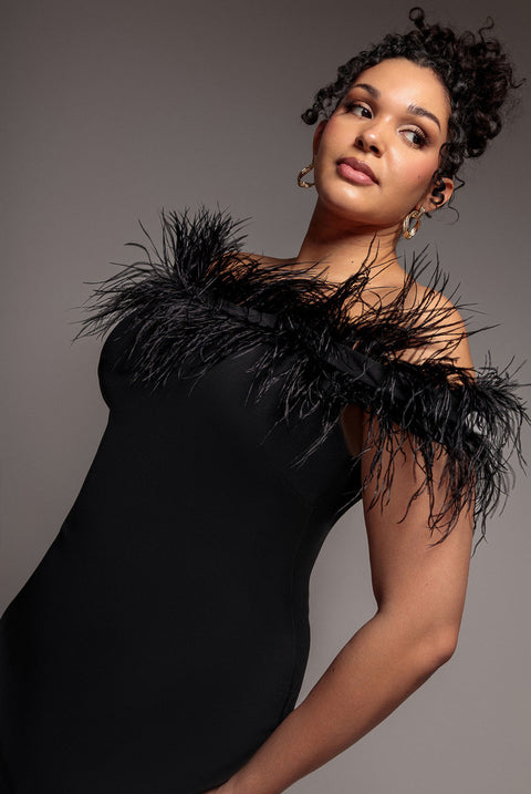 Goddiva Plus Off The Shoulder Feather Midi Dress - Black