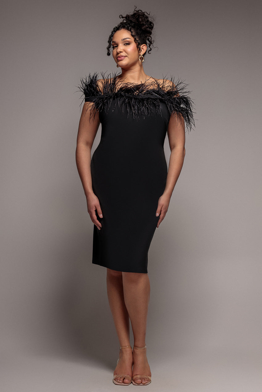 Goddiva Plus Off The Shoulder Feather Midi Dress - Black
