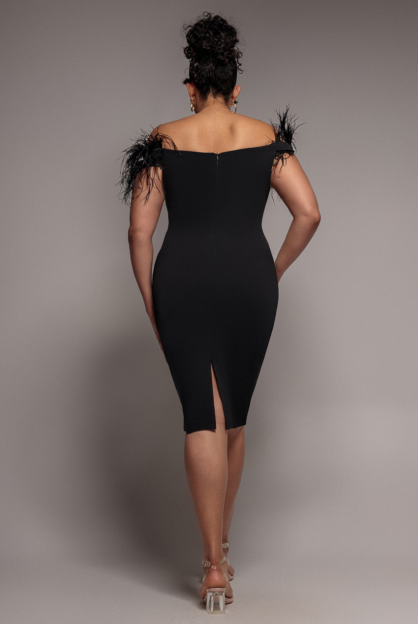 Goddiva Plus Off The Shoulder Feather Midi Dress - Black