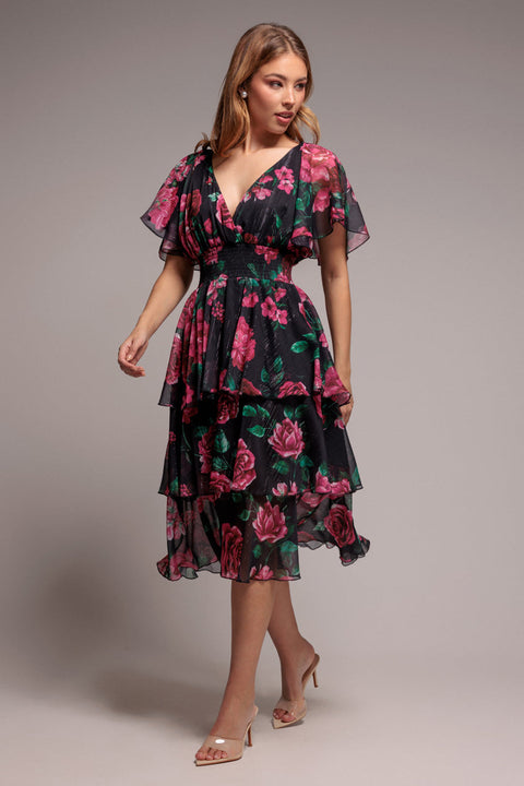Goddiva Layered Floral Midi Flutter Sleeves - Blackfloral