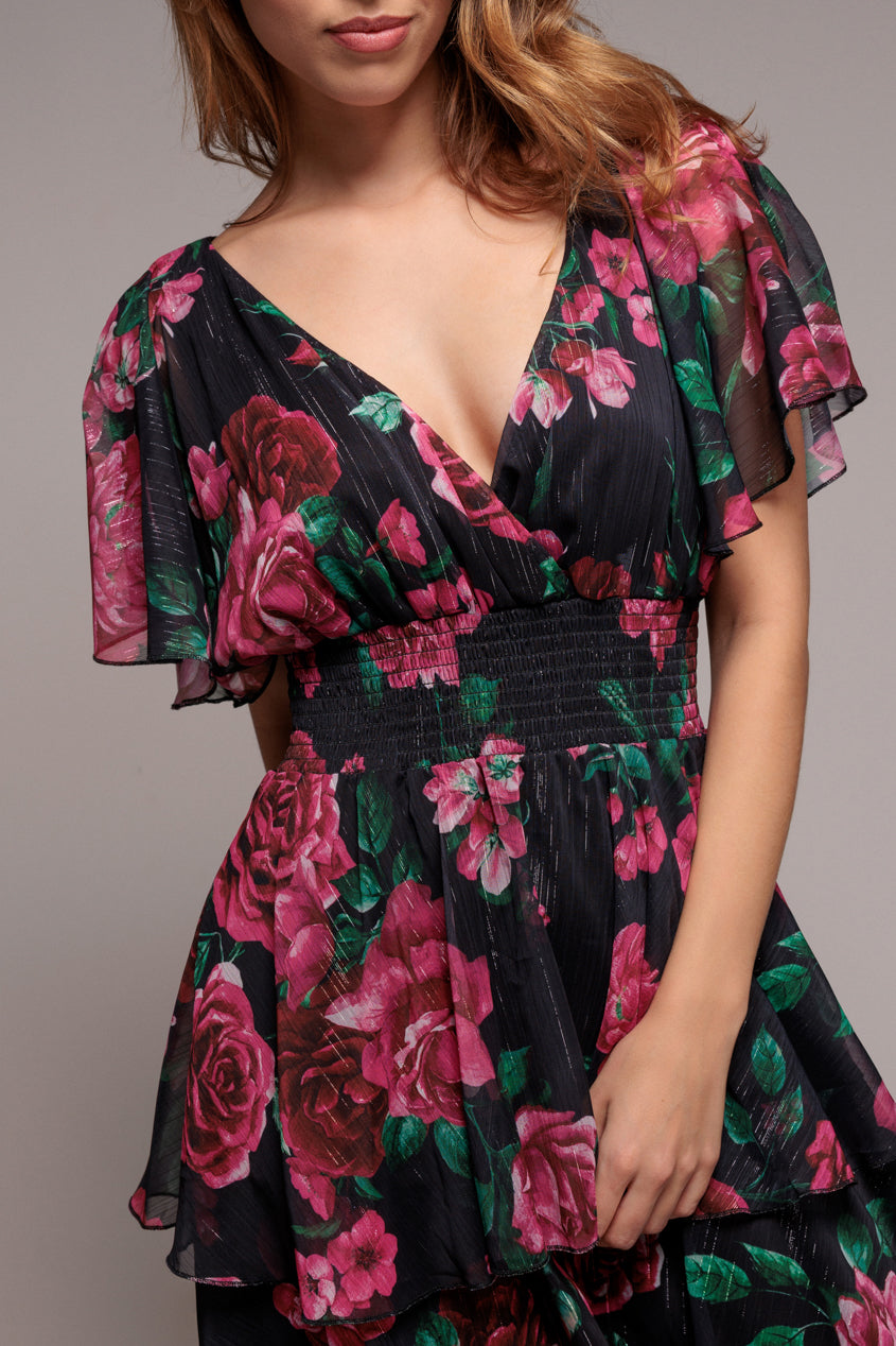 Goddiva Layered Floral Midi Flutter Sleeves - Blackfloral
