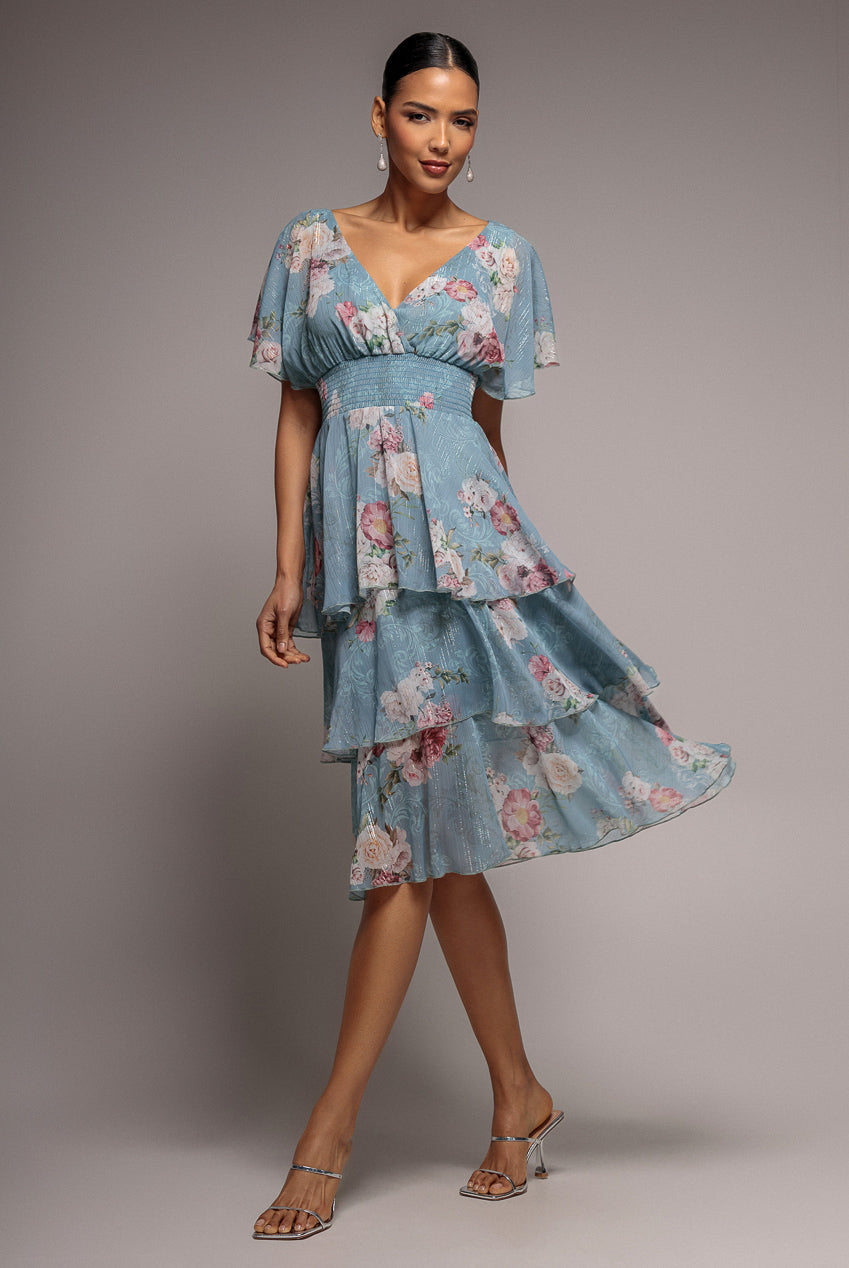 Goddiva Layered Floral Midi With Flutter Sleeves - Airforce Blue