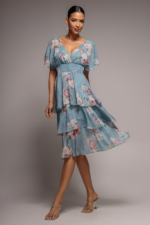 Goddiva Layered Floral Midi With Flutter Sleeves - Airforce Blue