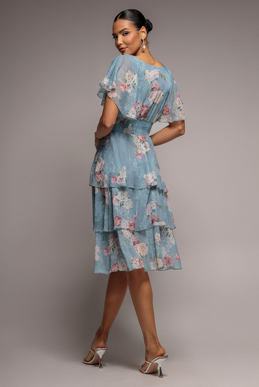 Goddiva Layered Floral Midi With Flutter Sleeves - Airforce Blue