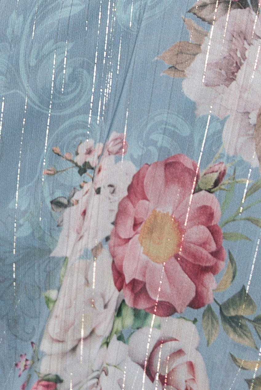 Goddiva Layered Floral Midi With Flutter Sleeves - Airforce Blue