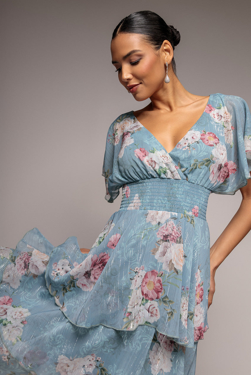 Goddiva Layered Floral Midi With Flutter Sleeves - Airforce Blue