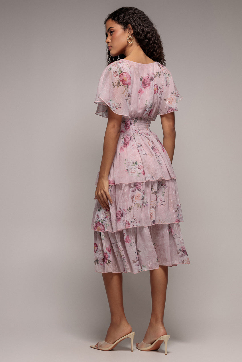 Goddiva Layered Floral Midi With Flutter Sleeves - Blush