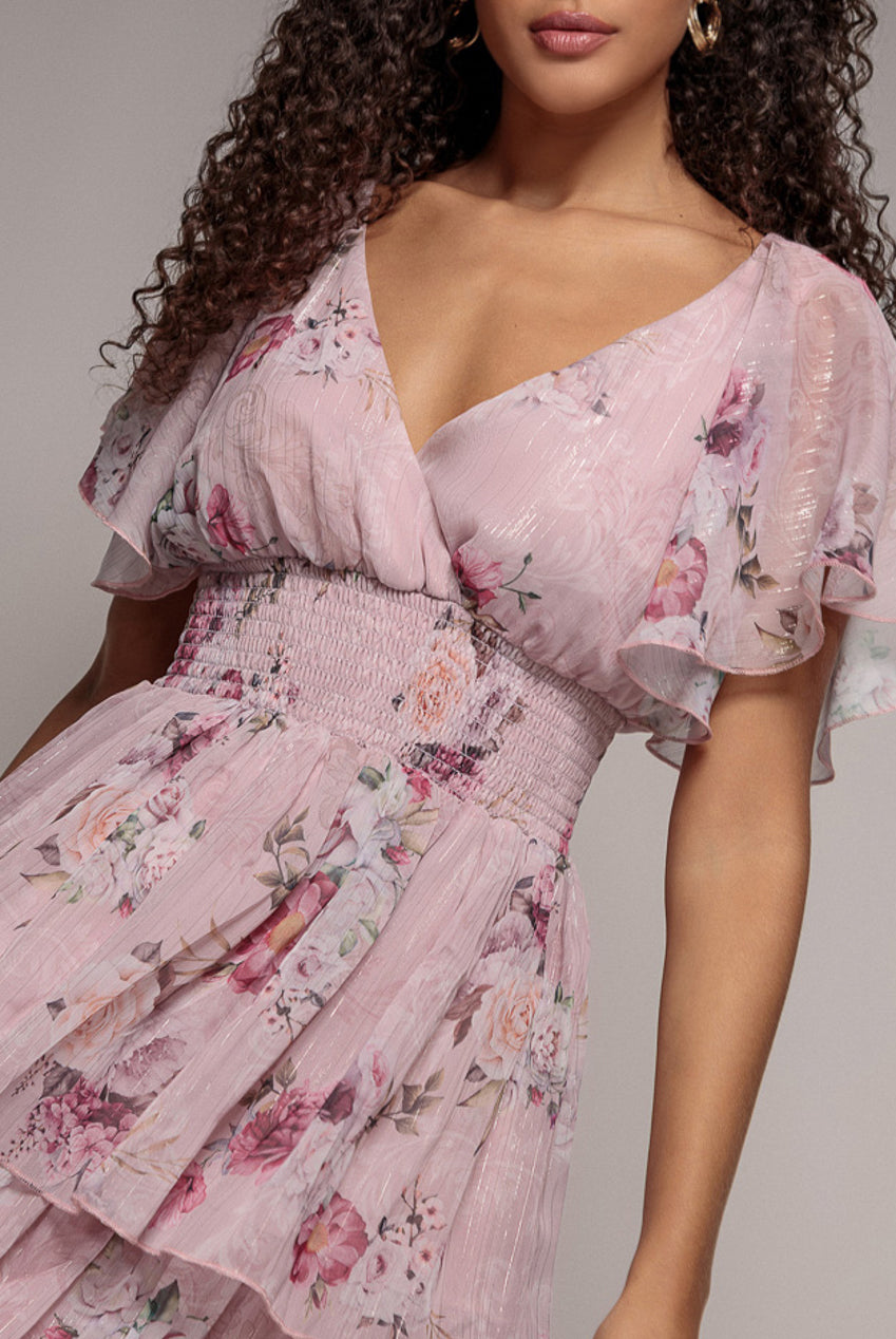 Goddiva Layered Floral Midi With Flutter Sleeves - Blush