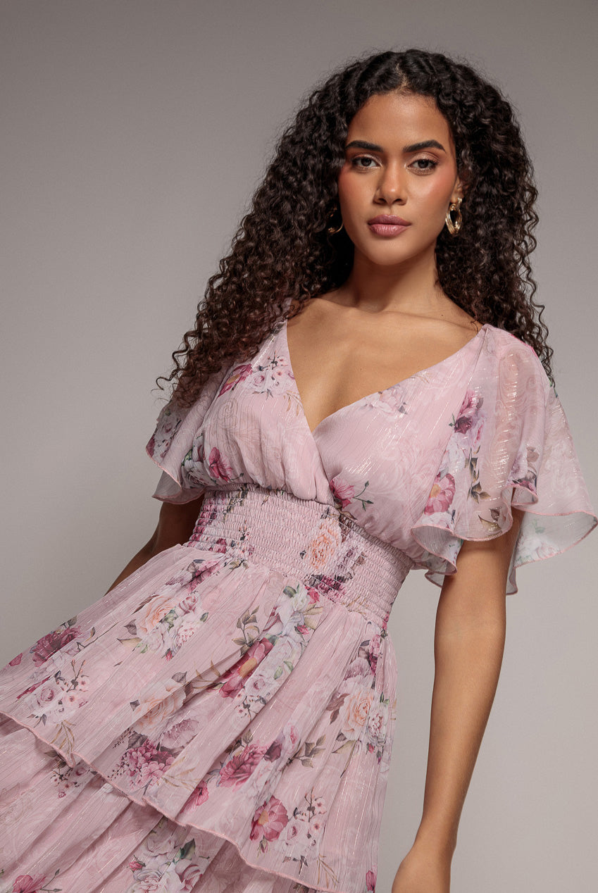 Goddiva Layered Floral Midi With Flutter Sleeves - Blush