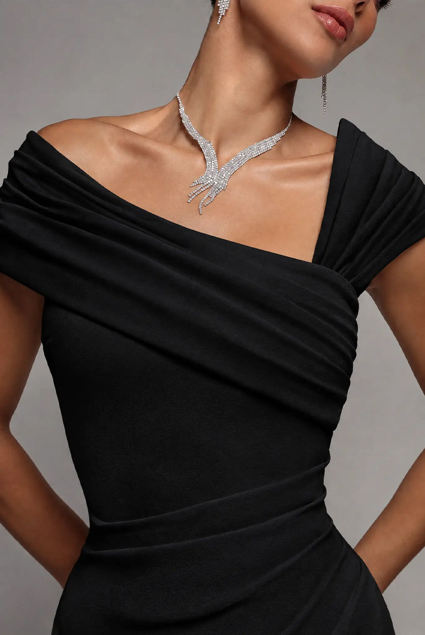 Goddiva One Shoulder Evening Maxi Dress - Black