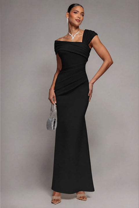 Goddiva One Shoulder Evening Maxi Dress - Black
