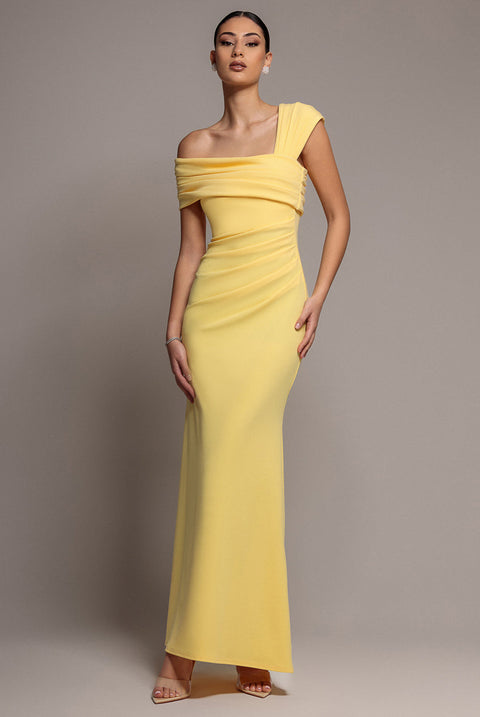 Goddiva One Shoulder Asymmetric Scuba Crepe Maxi Dress - Butter Yellow
