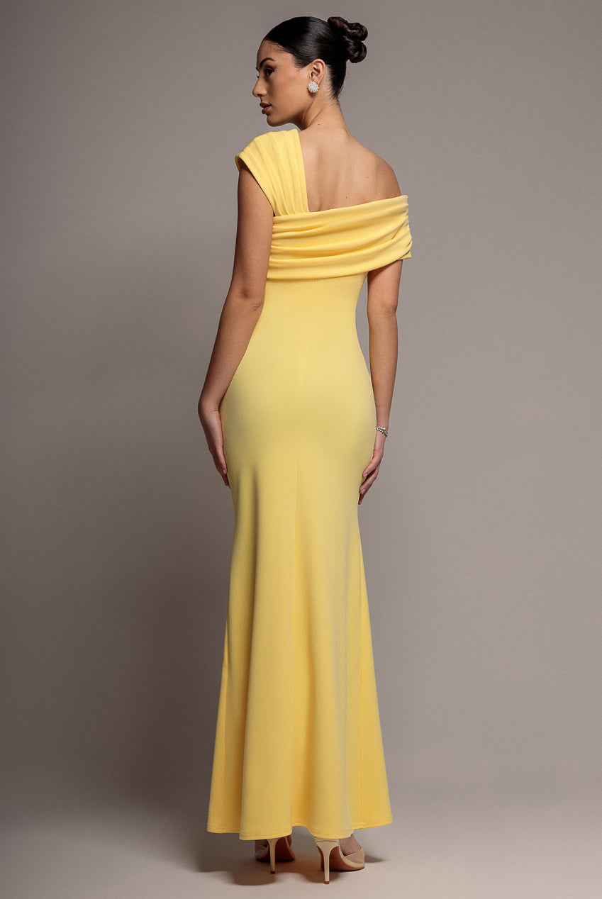 Goddiva One Shoulder Asymmetric Scuba Crepe Maxi Dress - Butter Yellow