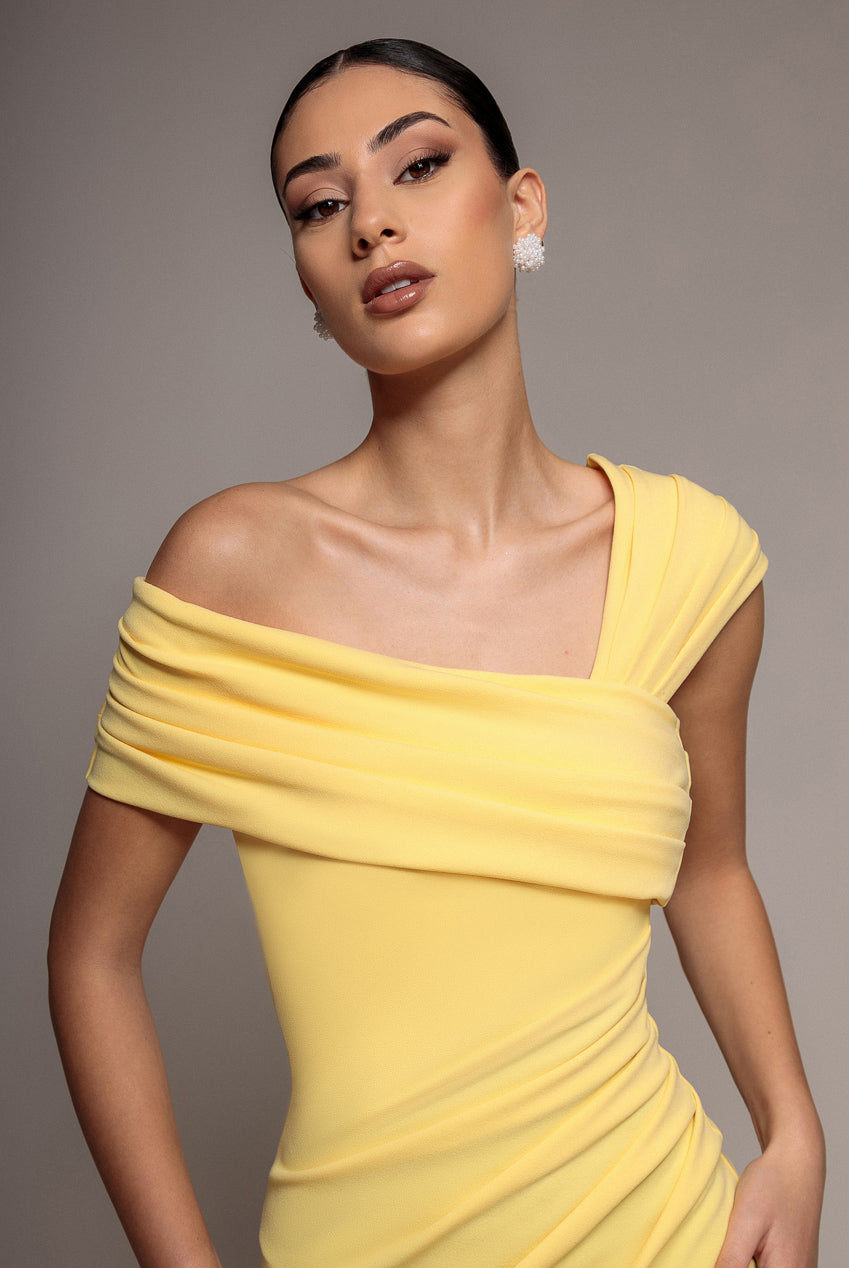 Goddiva One Shoulder Asymmetric Scuba Crepe Maxi Dress - Butter Yellow