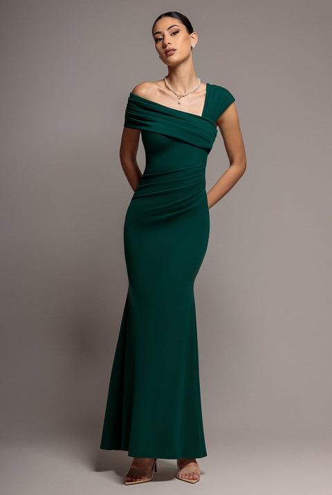 Goddiva One Shoulder Evening Maxi Dress - Emerald Green