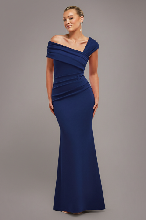 Goddiva One Shoulder Evening Maxi Dress - Navy