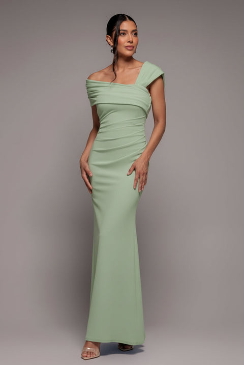 Goddiva One Shoulder Scuba Crepe Evening Maxi Dress - Mint Green