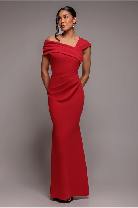Goddiva One Shoulder Evening Maxi Dress - Red