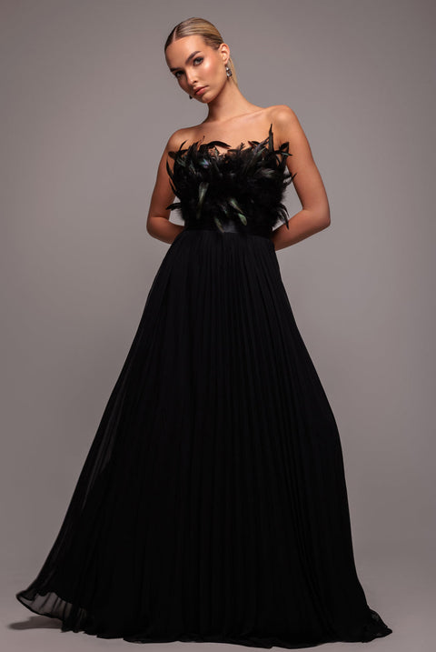 Goddiva Feather Off The Shoulder Pleated Evening Maxi Dress - Black