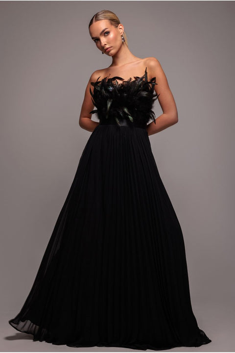 Goddiva Feather Off The Shoulder Pleated Evening Maxi Dress - Black