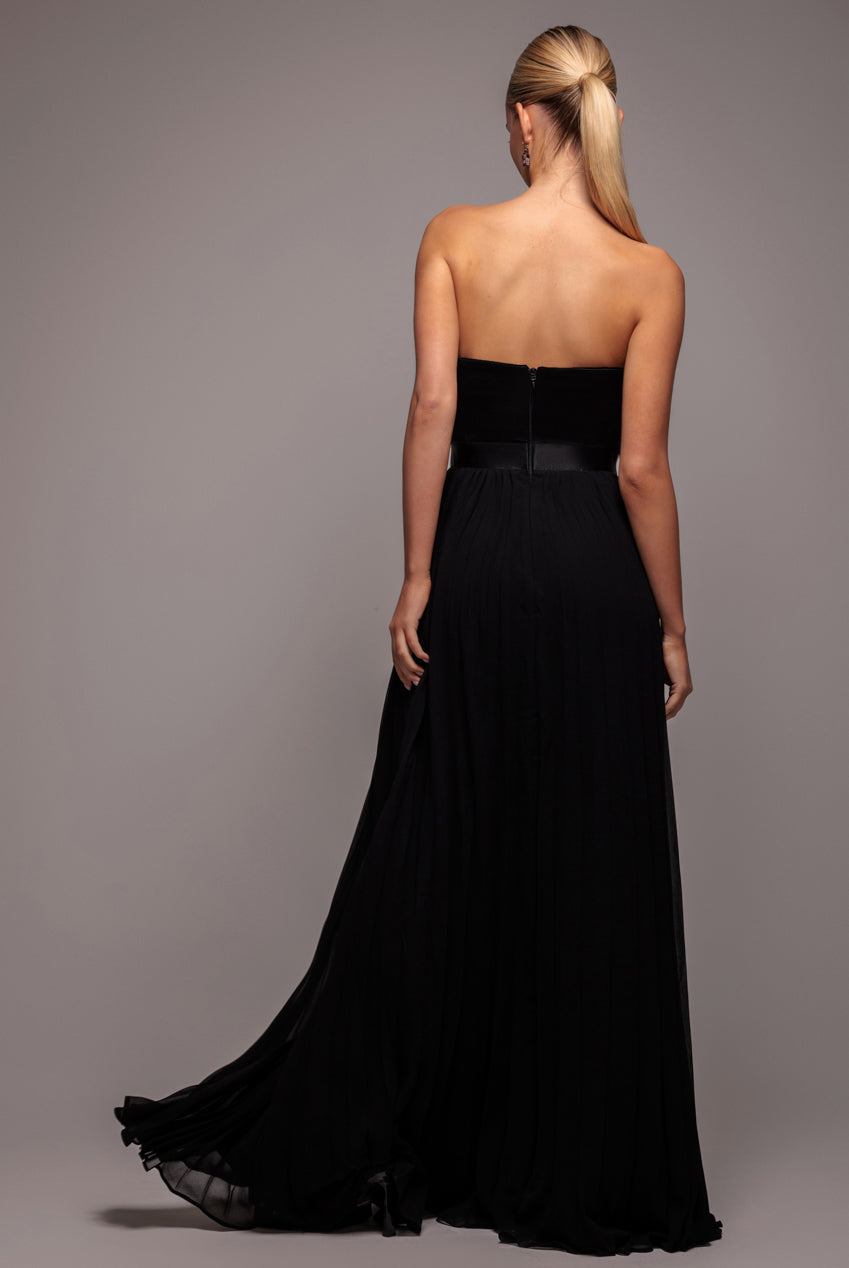 Goddiva Feather Off The Shoulder Pleated Evening Maxi Dress - Black