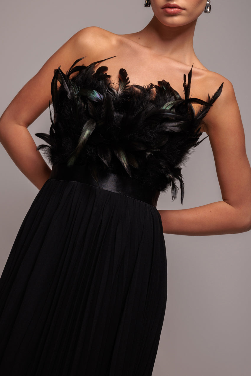 Goddiva Feather Off The Shoulder Pleated Evening Maxi Dress - Black