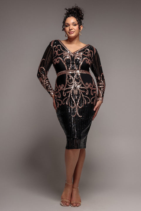 Goddiva Plus Sequin Mesh V Neck Midi Dress - Black