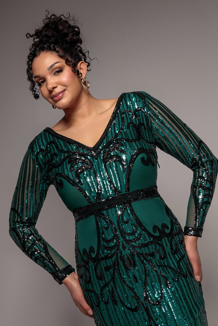 Goddiva Plus Sequin Mesh V Neck Midi Dress - Emerald
