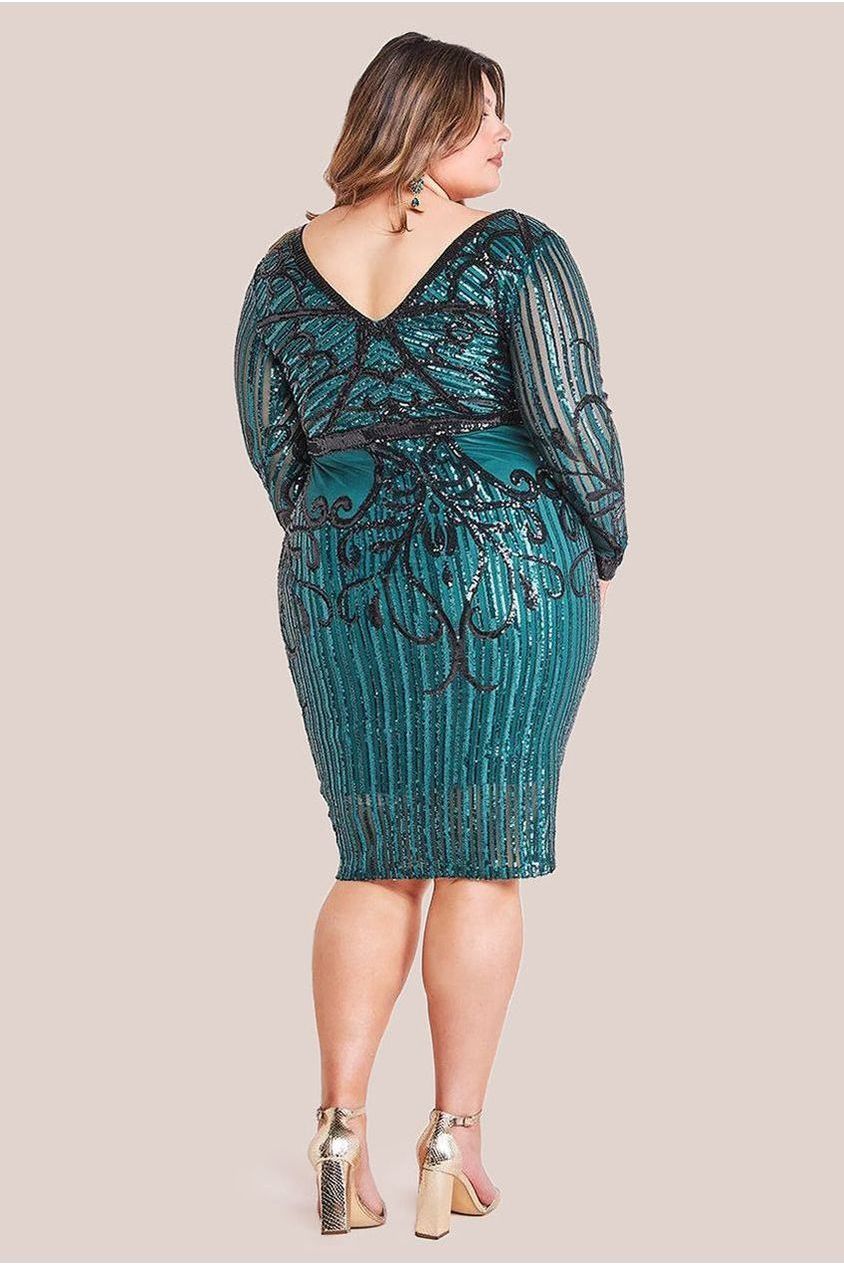 Goddiva Plus Sequin Mesh V Neck Midi Dress - Emerald