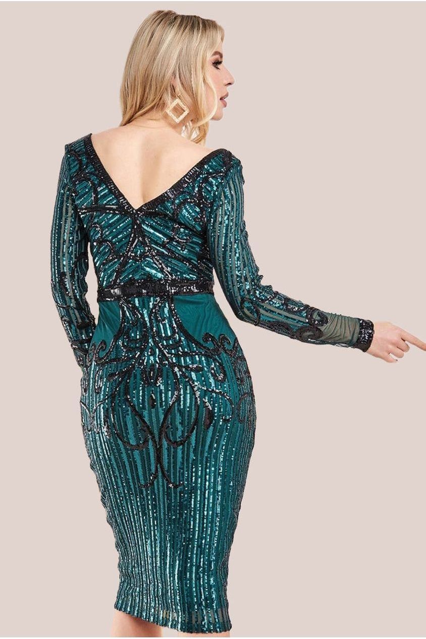 Goddiva Sequin & Mesh Embroidered Midi Dress - Emerald Green