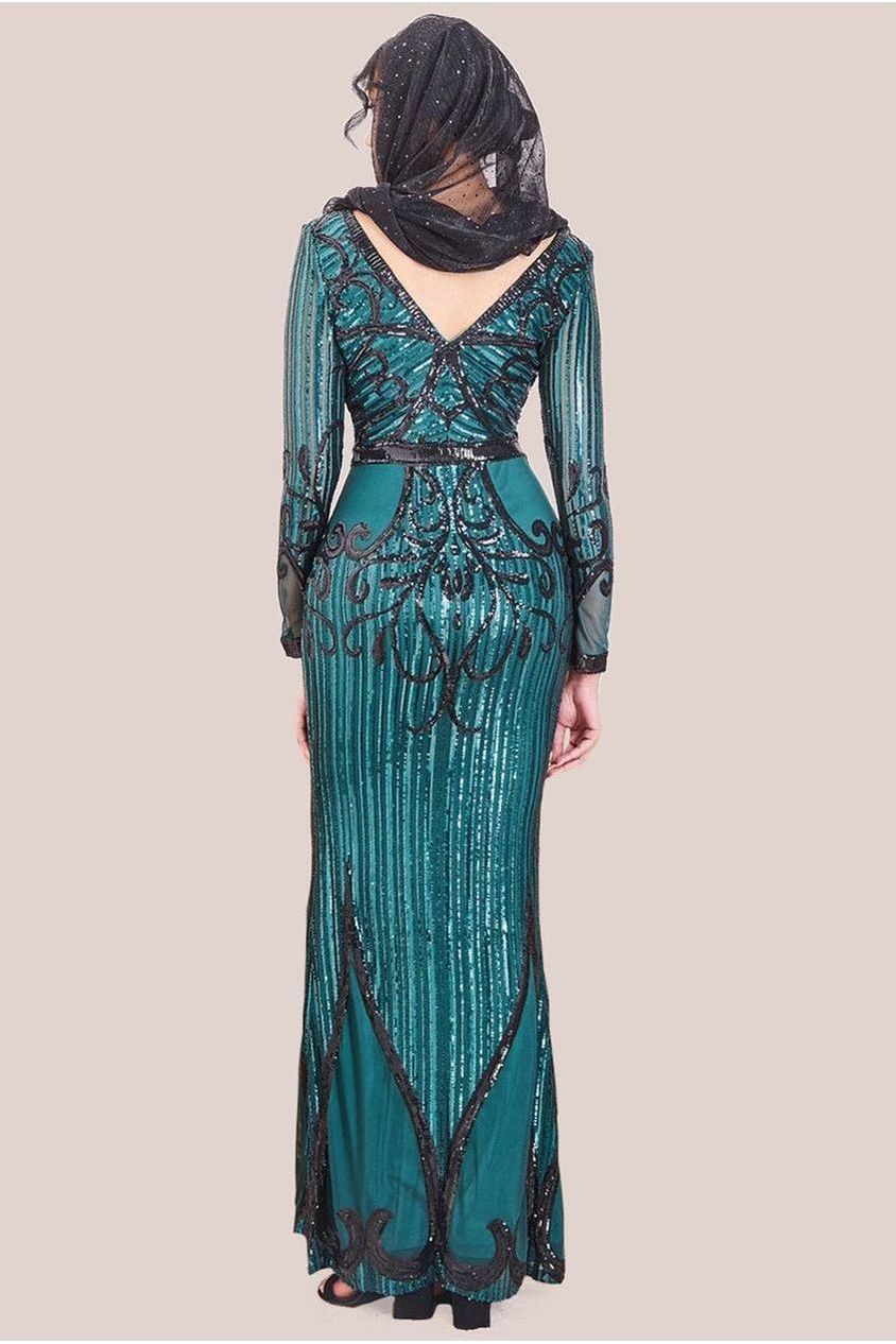 Goddiva Modesty Sequin & Mesh Maxi Dress - Emerald