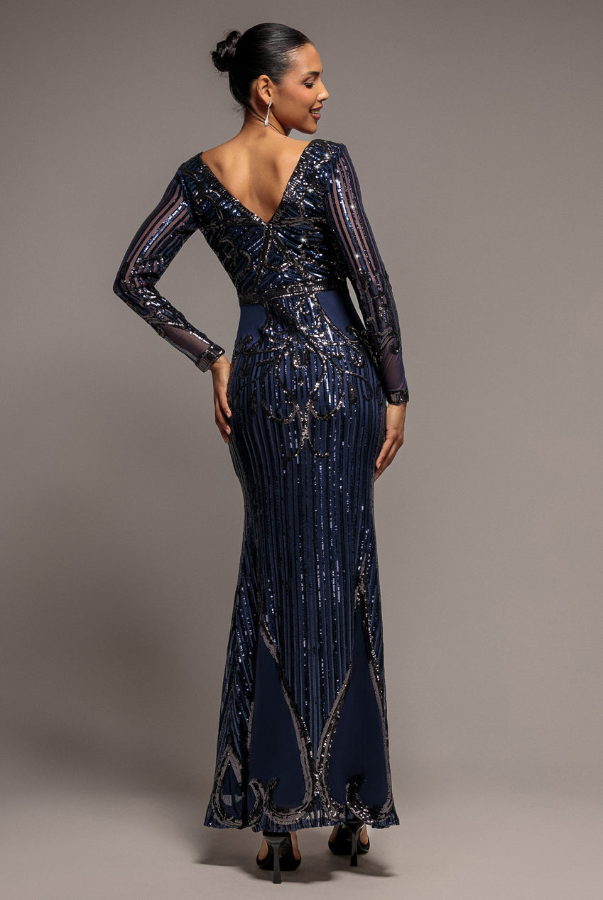 Goddiva Sequin & Mesh Embroidered Maxi Dress - Navy Blue