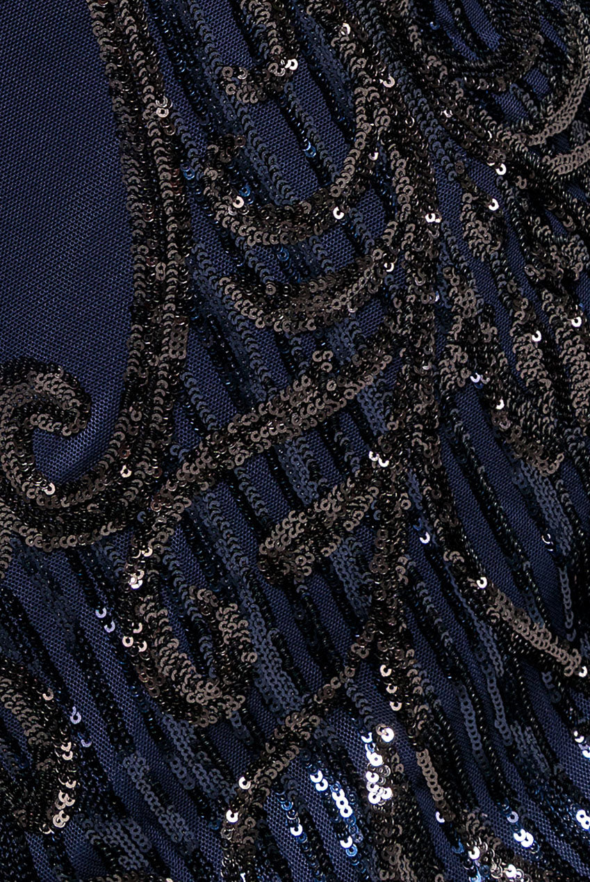 Goddiva Sequin & Mesh Embroidered Maxi Dress - Navy Blue