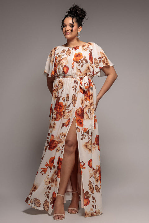 Goddiva Plus Wrap Back Flutter Sleeve Maxi - Beige