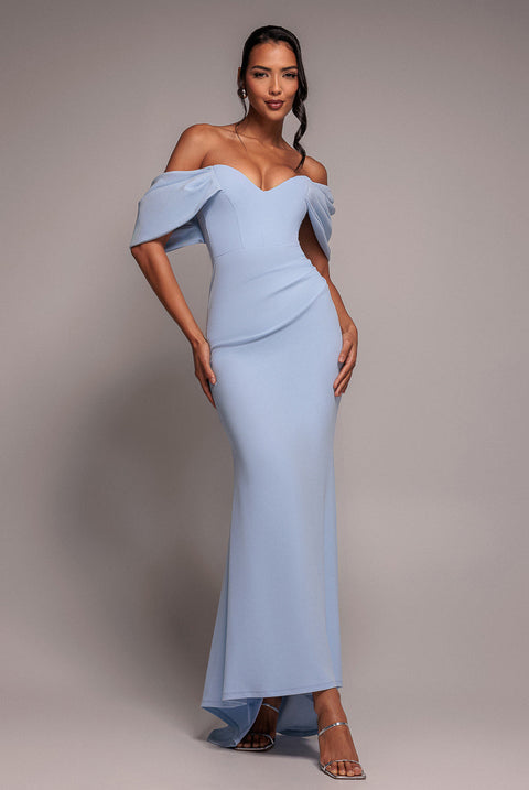 Goddiva Off The Shoulder Draped Sleeve Maxi Dress - Blue
