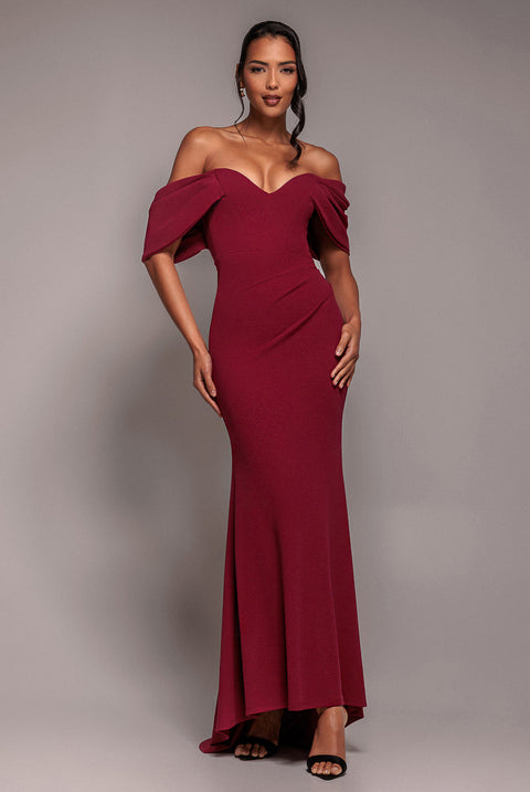 Goddiva Off The Shoulder Draped Sleeve Maxi Dress - Burgundy