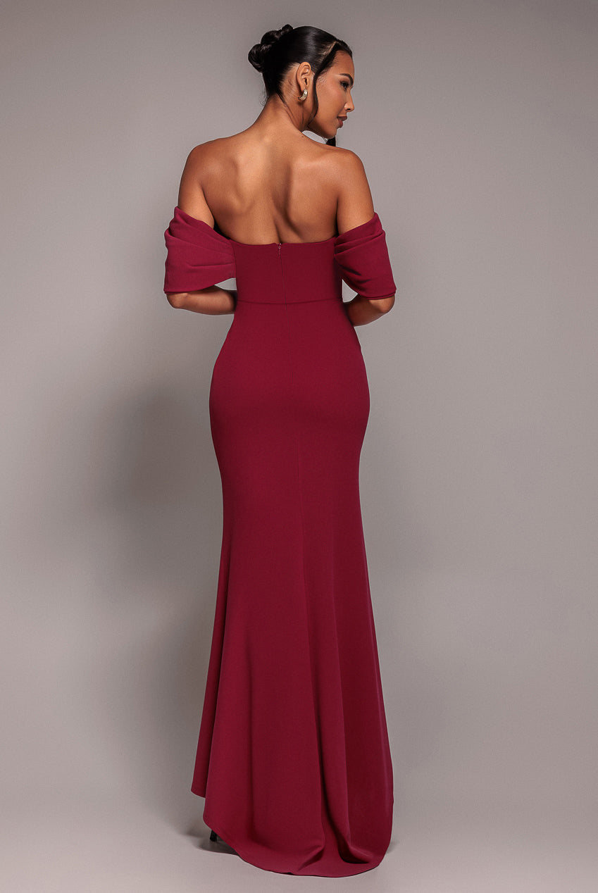 Goddiva Off The Shoulder Draped Sleeve Maxi Dress - Burgundy