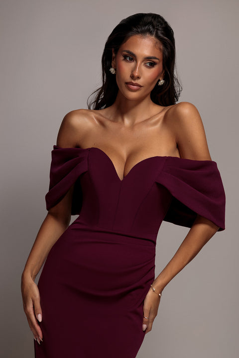 Goddiva Off The Shoulder Draped Sleeve Maxi Dress - Plum