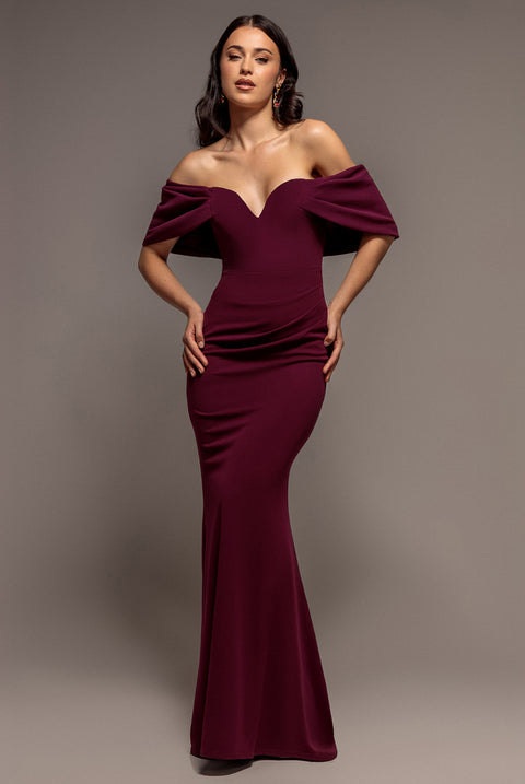 Goddiva Off The Shoulder Draped Sleeve Maxi Dress - Plum