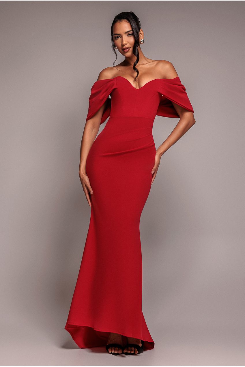Goddiva Off The Shoulder Draped Sleeve Maxi Dress - Red