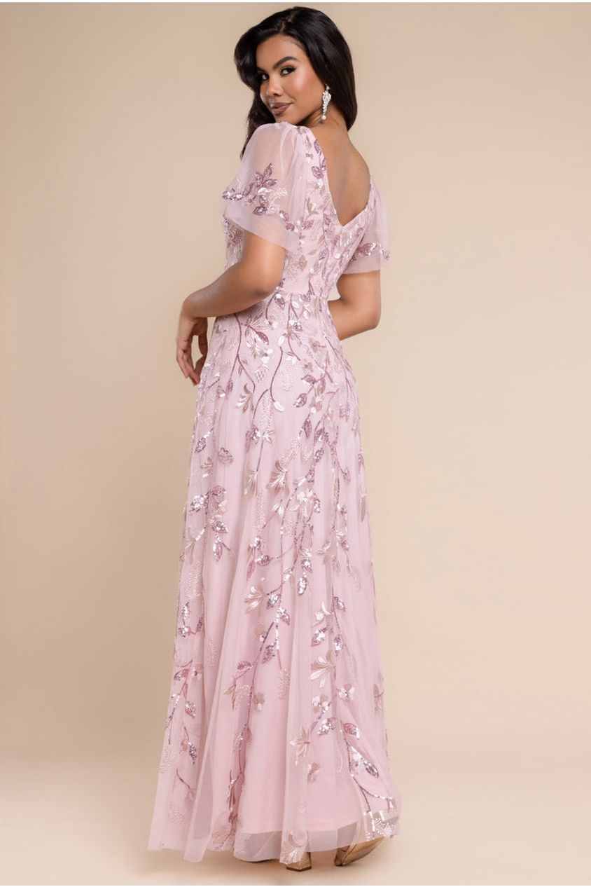 Goddiva Flared Sleeve Embroidered Maxi Dress - Blush Pink