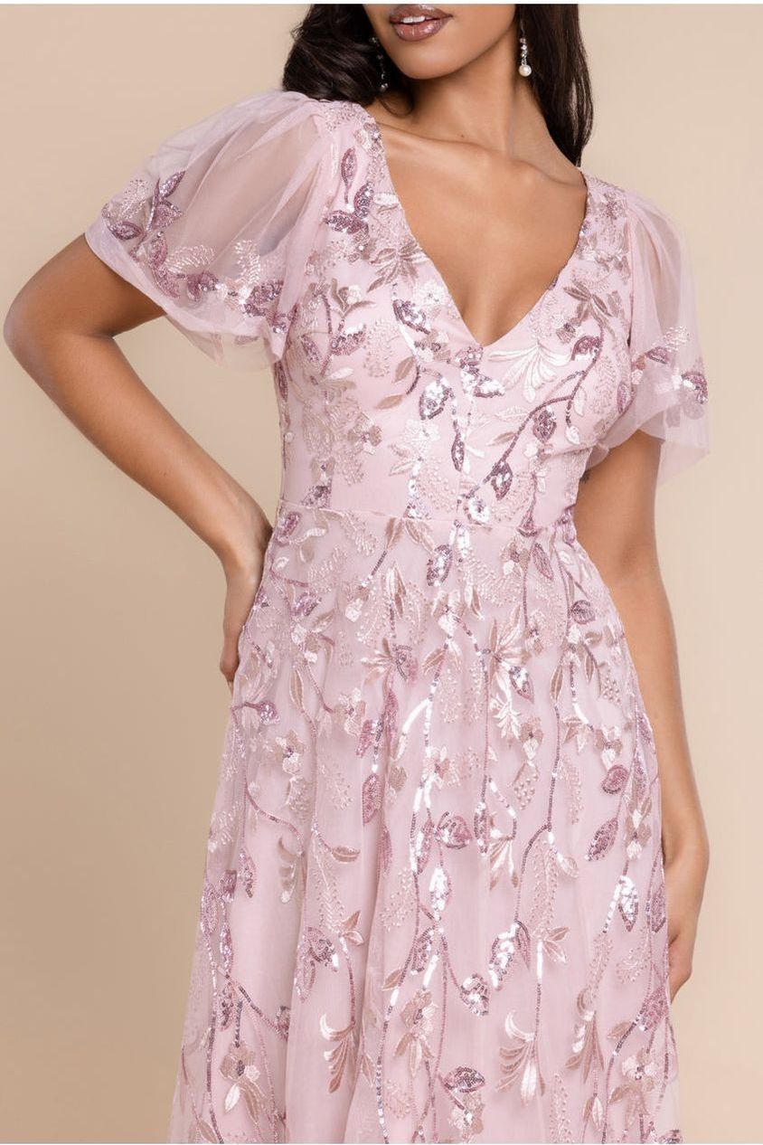 Goddiva Flared Sleeve Embroidered Maxi Dress - Blush Pink