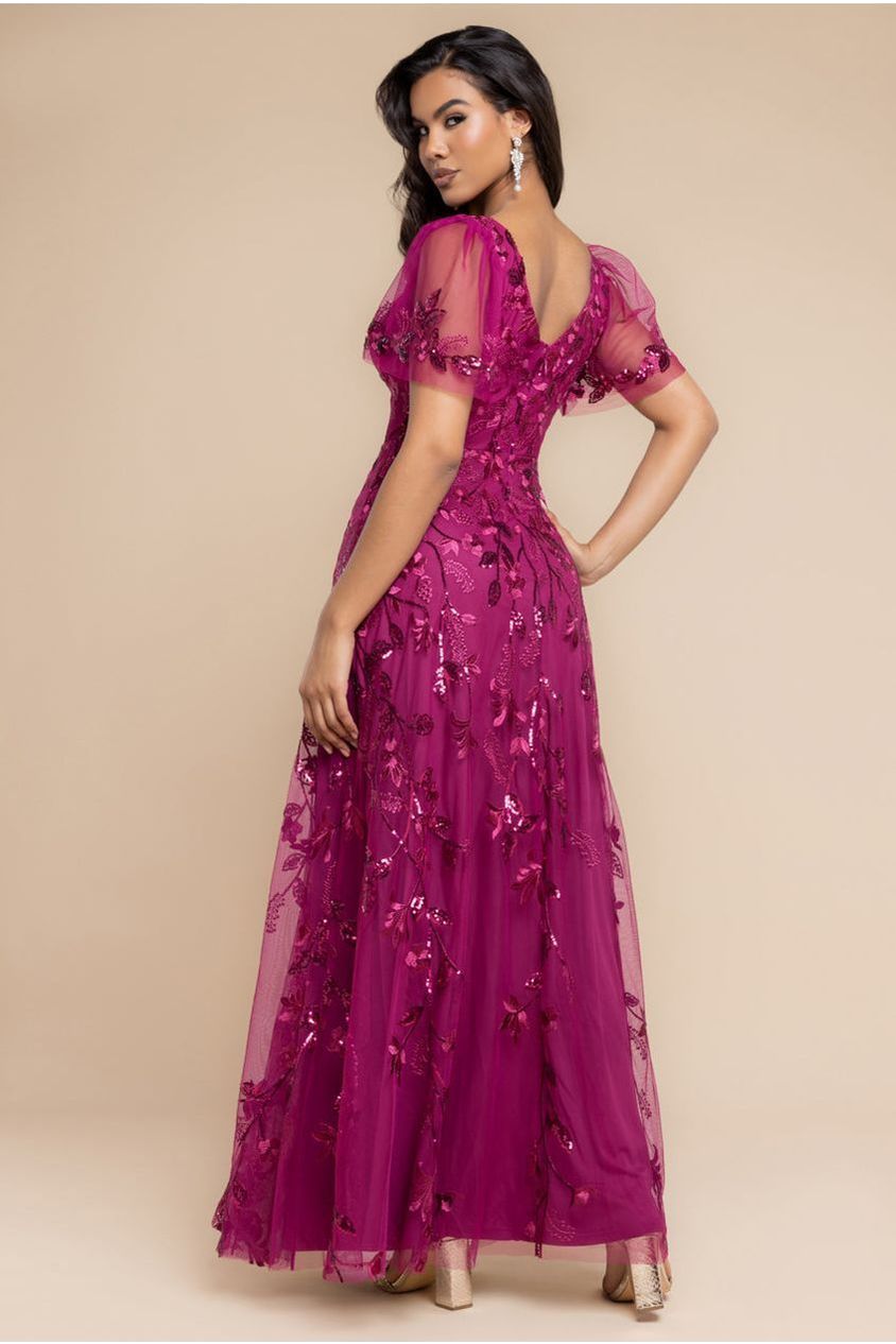 Goddiva Flared Sleeve Embroidered Maxi Dress - Magenta