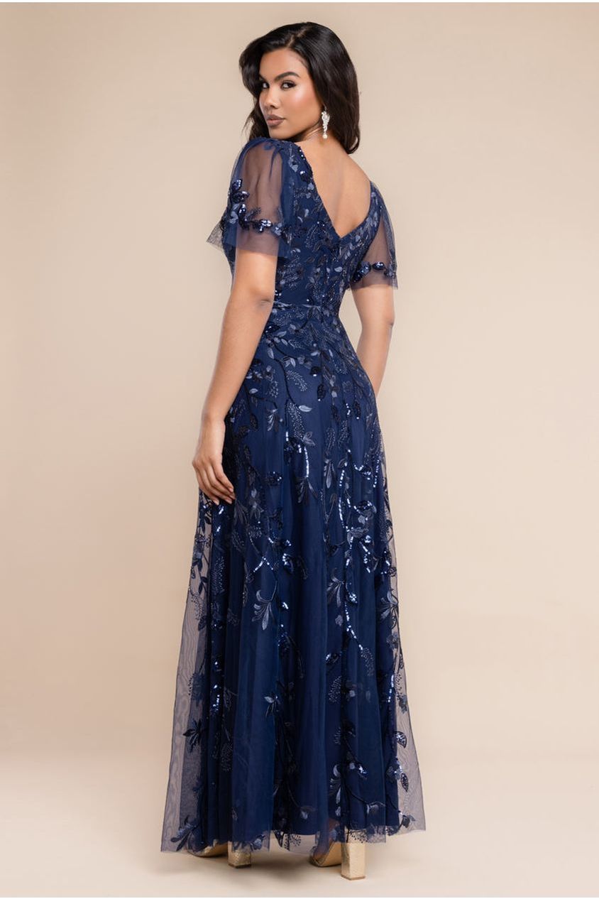 Goddiva Flared Sleeve Embroidered Maxi Dress - Navy Blue