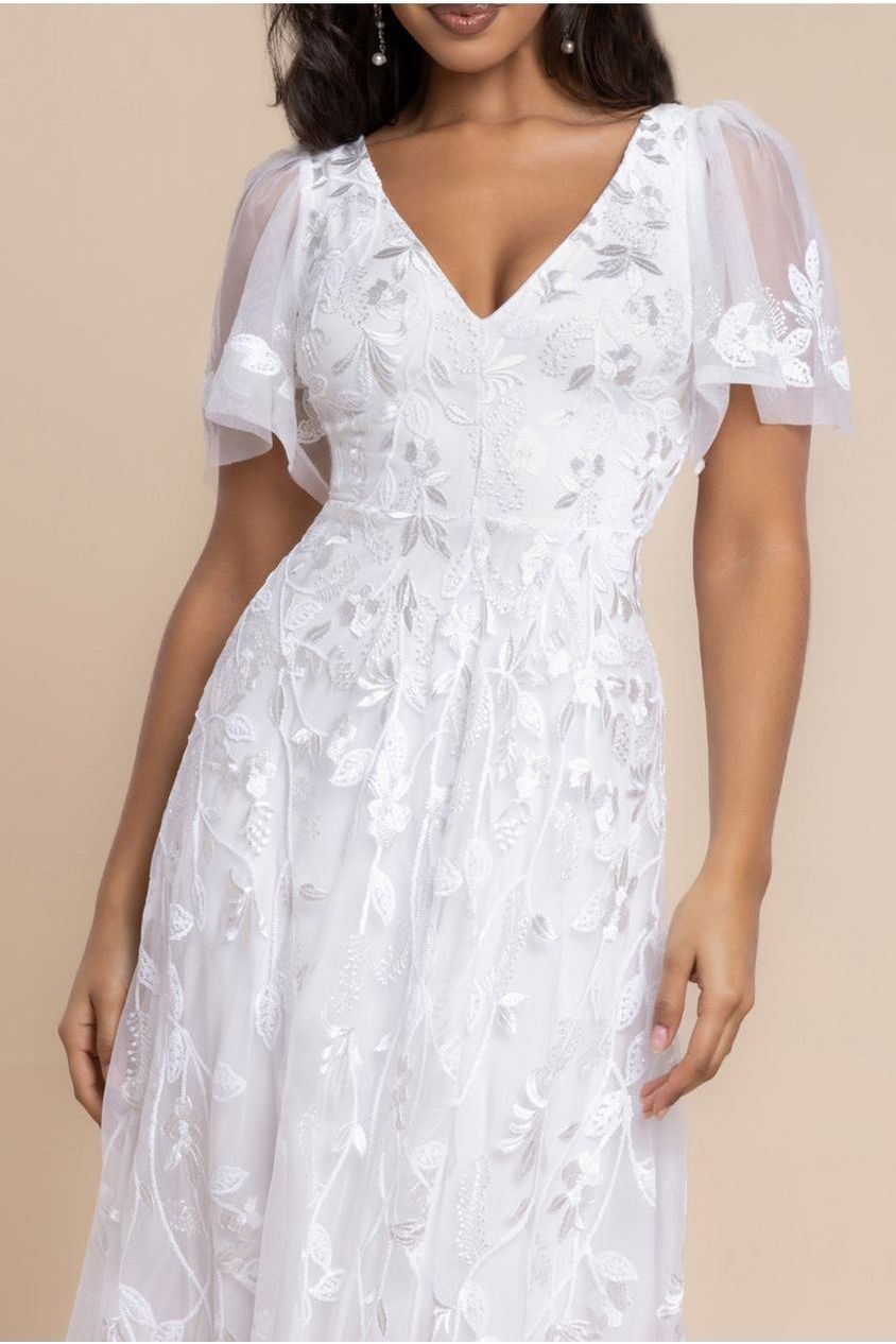 Goddiva Flared Sleeve Embroidered Maxi Dress - White