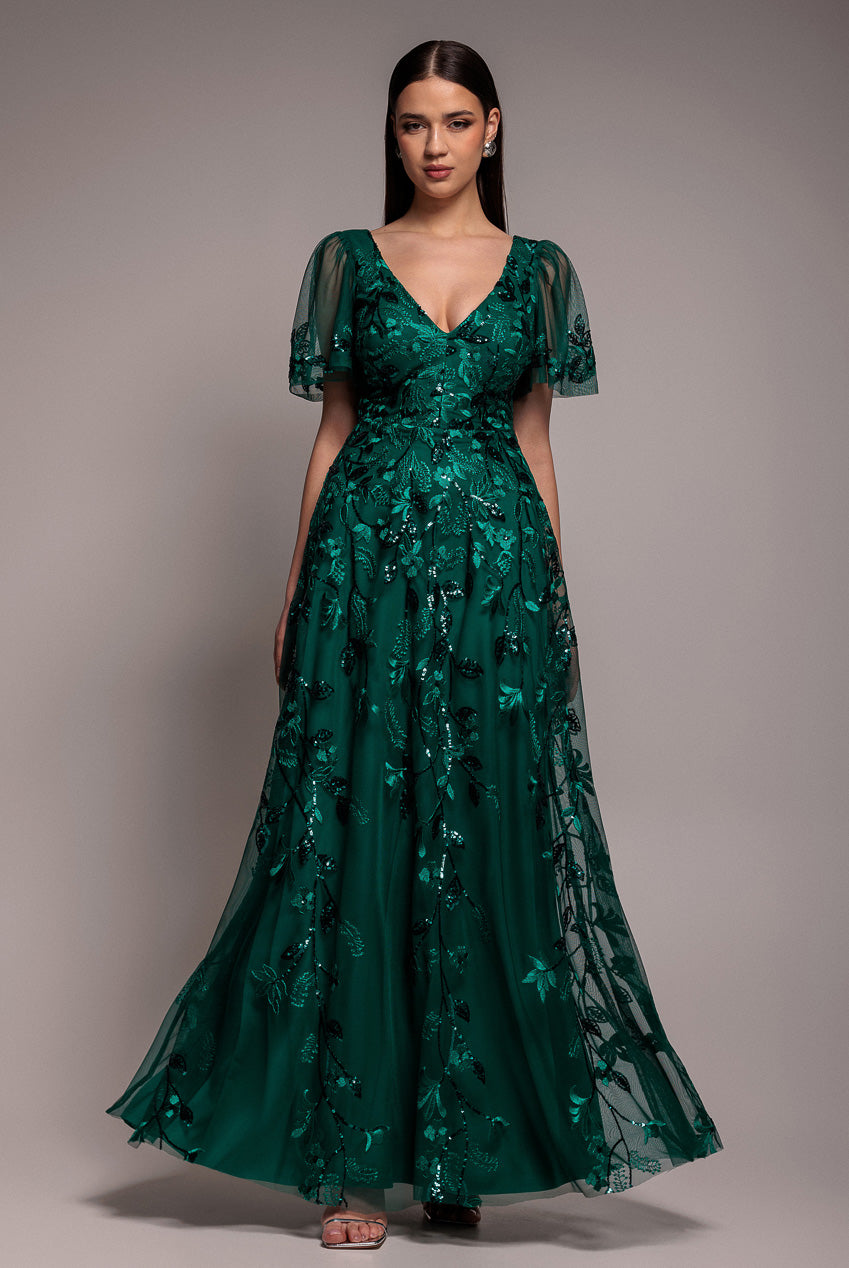 Goddiva Flared Sleeve Embroidered Maxi Dress - Emerald Green