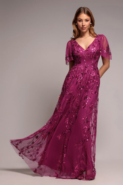 Goddiva Flared Sleeve Embroidered Maxi Dress - Magenta