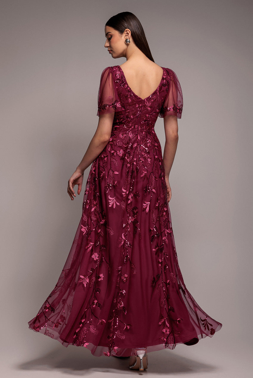 Goddiva Flared Sleeve Embroidered Maxi Dress - Magenta
