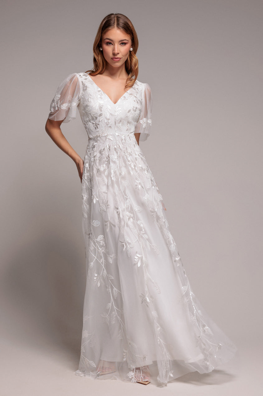 Goddiva Flared Sleeve Embroidered Maxi Dress - White